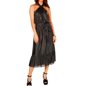 MICHAEL KORS XL Black and Silver Metallic Print Halter Tiered Midi Dress.